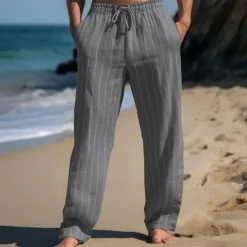 Men's Linen Pants Trousers Summer Pants Beach Pants Elastic Waist Drawstring Straight Leg Stripe Comfort Breathable Full Length Casual Daily Holiday Vacation Fashion Black White
