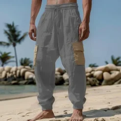 Men's Linen Pants Trousers Summer Pants Drawstring Elastic Waist Multi Pocket Plain Comfort Breathable Full Length Casual Daily Holiday Fashion Classic Style Black White Micro-elastic