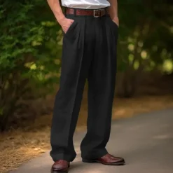 Men's Linen Pants Trousers Summer Pants Front Pocket Pleats Straight Leg Plain Comfort Breathable Casual Daily Holiday Fashion Basic Black White