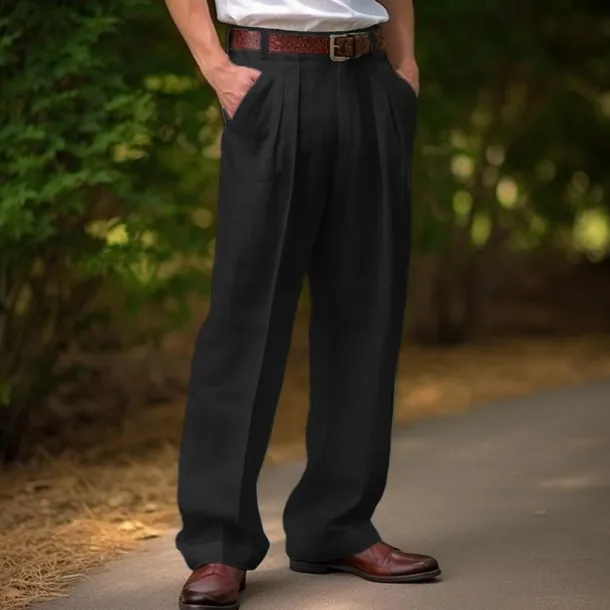 Men's Linen Pants Trousers Summer Pants Front Pocket Pleats Straight Leg Plain Comfort Breathable Casual Daily Holiday Fashion Basic Black White