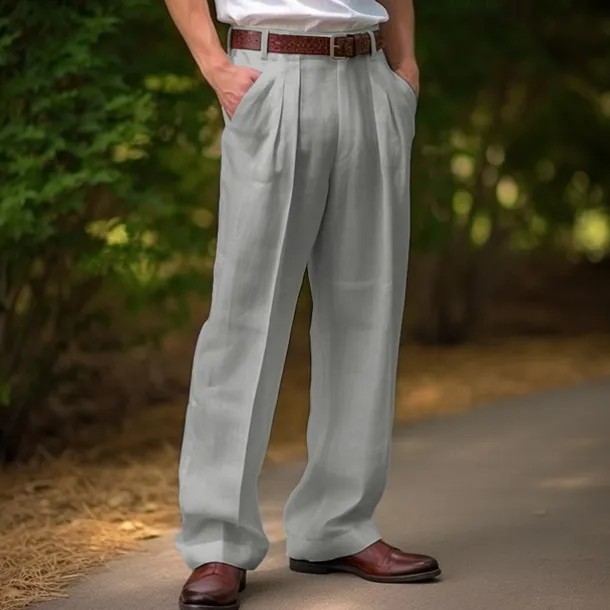 Men's Linen Pants Trousers Summer Pants Front Pocket Pleats Straight Leg Plain Comfort Breathable Casual Daily Holiday Fashion Basic Black White