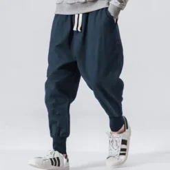 Men's Linen Pants Trousers Patchwork Drawstring Harem Solid Color Breathable Quick Dry Street Casual Athleisure Loose Fit Black Gray Micro-elastic / Winter / Cropped Pants / Moisture Wicking