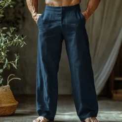 Men's Linen Pants Trousers Summer Pants Beach Pants Buttons Pocket Straight Leg Plain Comfort Breathable Vacation Daily Holiday Hawaiian Boho Black White