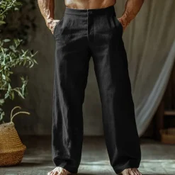 Men's Linen Pants Trousers Summer Pants Beach Pants Buttons Pocket Straight Leg Plain Comfort Breathable Vacation Daily Holiday Hawaiian Boho Black White