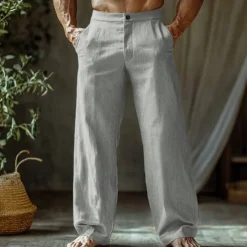Men's Linen Pants Trousers Summer Pants Beach Pants Buttons Pocket Straight Leg Plain Comfort Breathable Vacation Daily Holiday Hawaiian Boho Black White