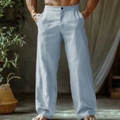 Men's Linen Pants Trousers Summer Pants Beach Pants Buttons Pocket Straight Leg Plain Comfort Breathable Vacation Daily Holiday Hawaiian Boho Black White