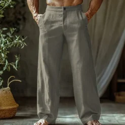 Men's Linen Pants Trousers Summer Pants Beach Pants Buttons Pocket Straight Leg Plain Comfort Breathable Vacation Daily Holiday Hawaiian Boho Black White