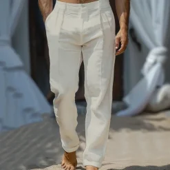 Men's Linen Pants Trousers Summer Pants Front Pocket Straight Leg Plain Comfort Breathable Casual Daily Holiday Fashion Basic White Beige