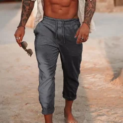 Men's Linen Pants Trousers Summer Pants Drawstring Elastic Waist Plain Comfort Breathable Daily Beach Fashion Simple Black White Micro-elastic