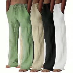 Men's Linen Pants Trousers Summer Pants Pocket Drawstring Plain Comfort Breathable Full Length Yoga Casual Daily Basic Straight Loose Fit Black White Micro-elastic