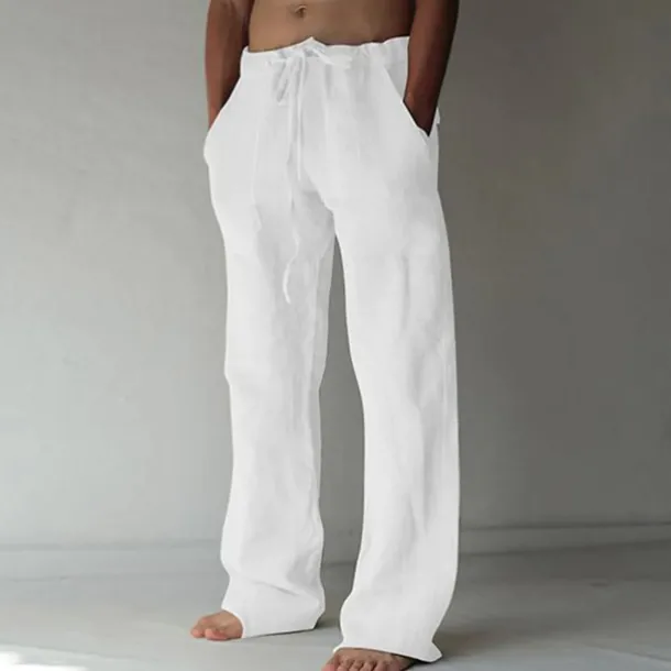 Men's Linen Pants Trousers Summer Pants Pocket Drawstring Plain Comfort Breathable Full Length Yoga Casual Daily Basic Straight Loose Fit Black White Micro-elastic