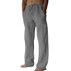 Men's Linen Pants Trousers Summer Pants Pocket Drawstring Plain Comfort Breathable Full Length Yoga Casual Daily Basic Straight Loose Fit Black White Micro-elastic