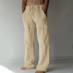 Men's Linen Pants Trousers Summer Pants Pocket Drawstring Plain Comfort Breathable Full Length Yoga Casual Daily Basic Straight Loose Fit Black White Micro-elastic