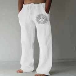Men's Linen Pants Trousers Summer Pants Beach Pants Print Straight Leg Graphic Sun Soft Outdoor Full Length Home Casual Daily Fashion Streetwear White Blue Micro-elastic