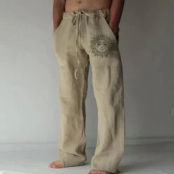 Men's Linen Pants Trousers Summer Pants Beach Pants Print Straight Leg Graphic Sun Soft Outdoor Full Length Home Casual Daily Fashion Streetwear White Blue Micro-elastic