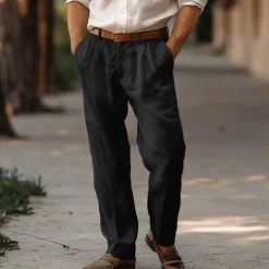 Men's Linen Pants Trousers Summer Pants Pleated Pants Dress Slacks Front Pocket Straight Leg Plain Comfort Breathable Full Length Casual Daily Holiday Fashion Basic Black White