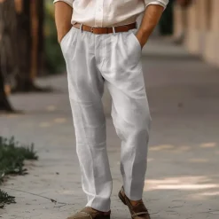 Men's Linen Pants Trousers Summer Pants Pleated Pants Dress Slacks Front Pocket Straight Leg Plain Comfort Breathable Full Length Casual Daily Holiday Fashion Basic Black White
