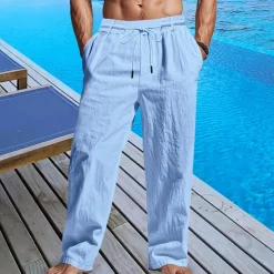 Men's Linen Pants Trousers Summer Pants Beach Pants Pocket Drawstring Elastic Waist Plain Comfort Breathable Vacation Daily Holiday Hawaiian Boho Black White