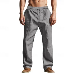 Men's Linen Pants Trousers Summer Pants Beach Pants Pocket Drawstring Elastic Waist Plain Comfort Breathable Vacation Daily Holiday Hawaiian Boho Black White