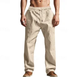 Men's Linen Pants Trousers Summer Pants Beach Pants Pocket Drawstring Elastic Waist Plain Comfort Breathable Vacation Daily Holiday Hawaiian Boho Black White