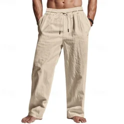 Men's Linen Pants Trousers Summer Pants Beach Pants Pocket Drawstring Elastic Waist Plain Comfort Breathable Vacation Daily Holiday Hawaiian Boho Black White