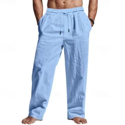 Men's Linen Pants Trousers Summer Pants Beach Pants Pocket Drawstring Elastic Waist Plain Comfort Breathable Vacation Daily Holiday Hawaiian Boho Black White