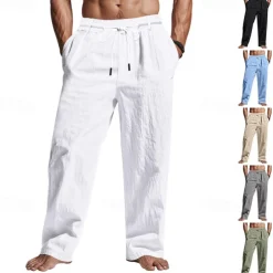 Men's Linen Pants Trousers Summer Pants Beach Pants Pocket Drawstring Elastic Waist Plain Comfort Breathable Vacation Daily Holiday Hawaiian Boho Black White
