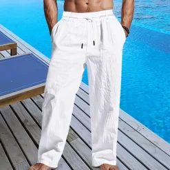 Men's Linen Pants Trousers Summer Pants Beach Pants Pocket Drawstring Elastic Waist Plain Comfort Breathable Vacation Daily Holiday Hawaiian Boho Black White