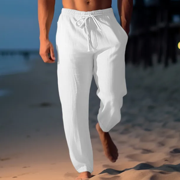 Men's Linen Pants Trousers Summer Pants Beach Pants Drawstring Elastic Waist Straight Leg Plain Comfort Breathable Casual Daily Holiday Fashion Classic Style Light Khaki Black