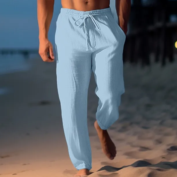 Men's Linen Pants Trousers Summer Pants Beach Pants Drawstring Elastic Waist Straight Leg Plain Comfort Breathable Casual Daily Holiday Fashion Classic Style Light Khaki Black
