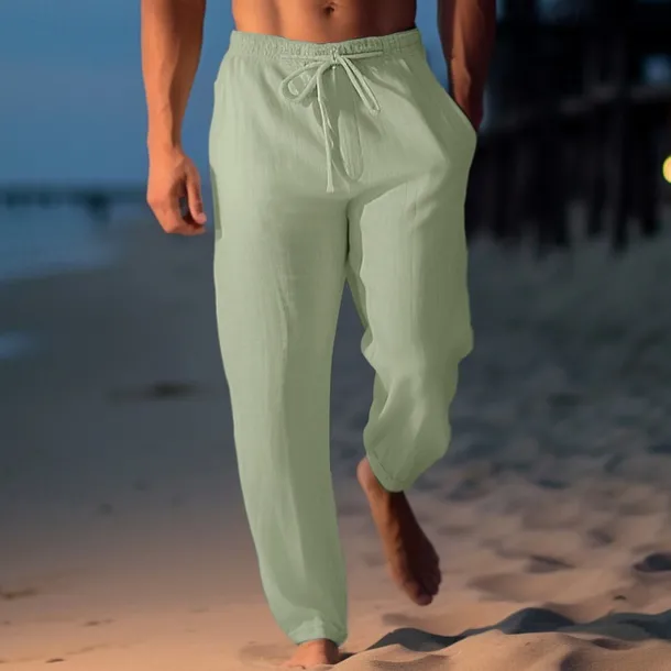 Men's Linen Pants Trousers Summer Pants Beach Pants Drawstring Elastic Waist Straight Leg Plain Comfort Breathable Casual Daily Holiday Fashion Classic Style Light Khaki Black