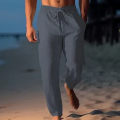 Men's Linen Pants Trousers Summer Pants Beach Pants Drawstring Elastic Waist Straight Leg Plain Comfort Breathable Casual Daily Holiday Fashion Classic Style Light Khaki Black