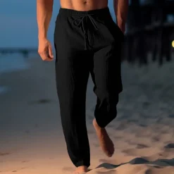Men's Linen Pants Trousers Summer Pants Beach Pants Drawstring Elastic Waist Straight Leg Plain Comfort Breathable Casual Daily Holiday Fashion Classic Style Light Khaki Black