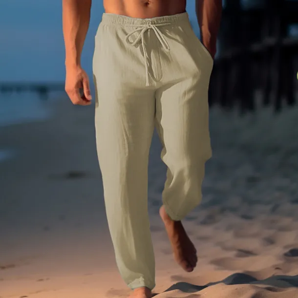 Men's Linen Pants Trousers Summer Pants Beach Pants Drawstring Elastic Waist Straight Leg Plain Comfort Breathable Casual Daily Holiday Fashion Classic Style Light Khaki Black
