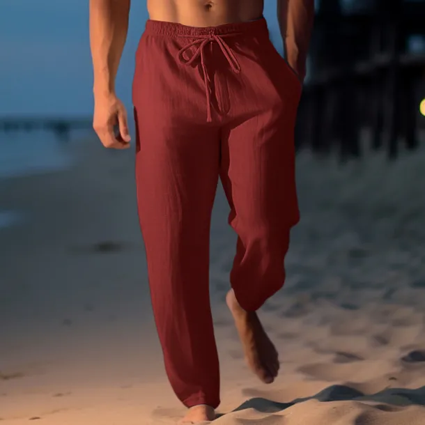 Men's Linen Pants Trousers Summer Pants Beach Pants Drawstring Elastic Waist Straight Leg Plain Comfort Breathable Casual Daily Holiday Fashion Classic Style Light Khaki Black