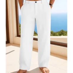 Men's Linen Pants Trousers Summer Pants Beach Pants Buttons Pocket Plain Comfort Breathable Vacation Daily Holiday Hawaiian Boho Black White