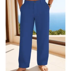 Men's Linen Pants Trousers Summer Pants Beach Pants Buttons Pocket Plain Comfort Breathable Vacation Daily Holiday Hawaiian Boho Black White