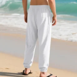 Men's Linen Pants Trousers Summer Pants Beach Pants Pocket Drawstring Elastic Waist Plain Comfort Breathable Vacation Daily Holiday Hawaiian Boho Black White