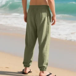 Men's Linen Pants Trousers Summer Pants Beach Pants Pocket Drawstring Elastic Waist Plain Comfort Breathable Vacation Daily Holiday Hawaiian Boho Black White