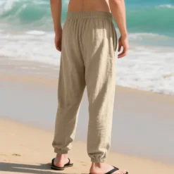 Men's Linen Pants Trousers Summer Pants Beach Pants Pocket Drawstring Elastic Waist Plain Comfort Breathable Vacation Daily Holiday Hawaiian Boho Black White