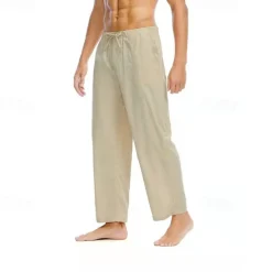 Men's Linen Pants Trousers Summer Pants Beach Pants Pocket Drawstring Elastic Waist Plain Comfort Breathable Daily Holiday Vacation Hawaiian Boho Black White