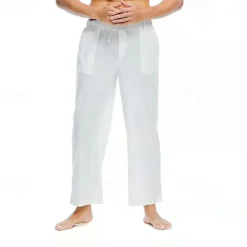 Men's Linen Pants Trousers Summer Pants Beach Pants Pocket Drawstring Elastic Waist Plain Comfort Breathable Daily Holiday Vacation Hawaiian Boho Black White