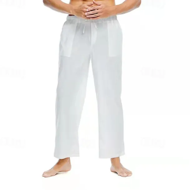 Men's Linen Pants Trousers Summer Pants Beach Pants Pocket Drawstring Elastic Waist Plain Comfort Breathable Daily Holiday Vacation Hawaiian Boho Black White