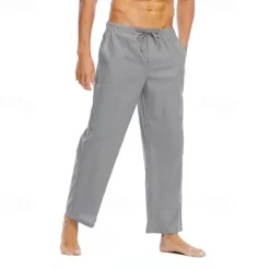 Men's Linen Pants Trousers Summer Pants Beach Pants Pocket Drawstring Elastic Waist Plain Comfort Breathable Daily Holiday Vacation Hawaiian Boho Black White