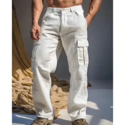 Men's Linen Pants Trousers Summer Pants Multi Pocket Straight Leg Plain Comfort Breathable Full Length Outdoor Casual Daily Fashion Streetwear Black White