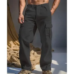 Men's Linen Pants Trousers Summer Pants Multi Pocket Straight Leg Plain Comfort Breathable Full Length Outdoor Casual Daily Fashion Streetwear Black White