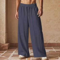 Men's Linen Pants Trousers Summer Pants Beach Pants Pocket Drawstring Elastic Waist Plain Comfort Breathable Vacation Daily Holiday Hawaiian Boho Black Navy Blue