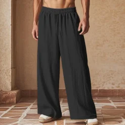 Men's Linen Pants Trousers Summer Pants Beach Pants Pocket Drawstring Elastic Waist Plain Comfort Breathable Vacation Daily Holiday Hawaiian Boho Black Navy Blue