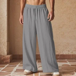 Men's Linen Pants Trousers Summer Pants Beach Pants Pocket Drawstring Elastic Waist Plain Comfort Breathable Vacation Daily Holiday Hawaiian Boho Black Navy Blue