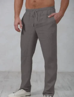 Men's Linen Pants Trousers Summer Pants Beach Pants Drawstring Elastic Waist Straight Leg Plain Comfort Outdoor Casual Daily Streetwear Stylish Navy Blue Green